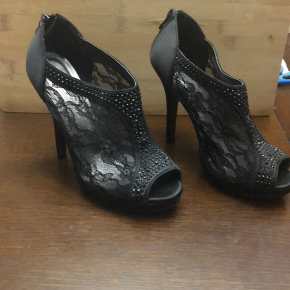 Black lace open toe Heels Rhinestone stilettos - Picture 3 of 8